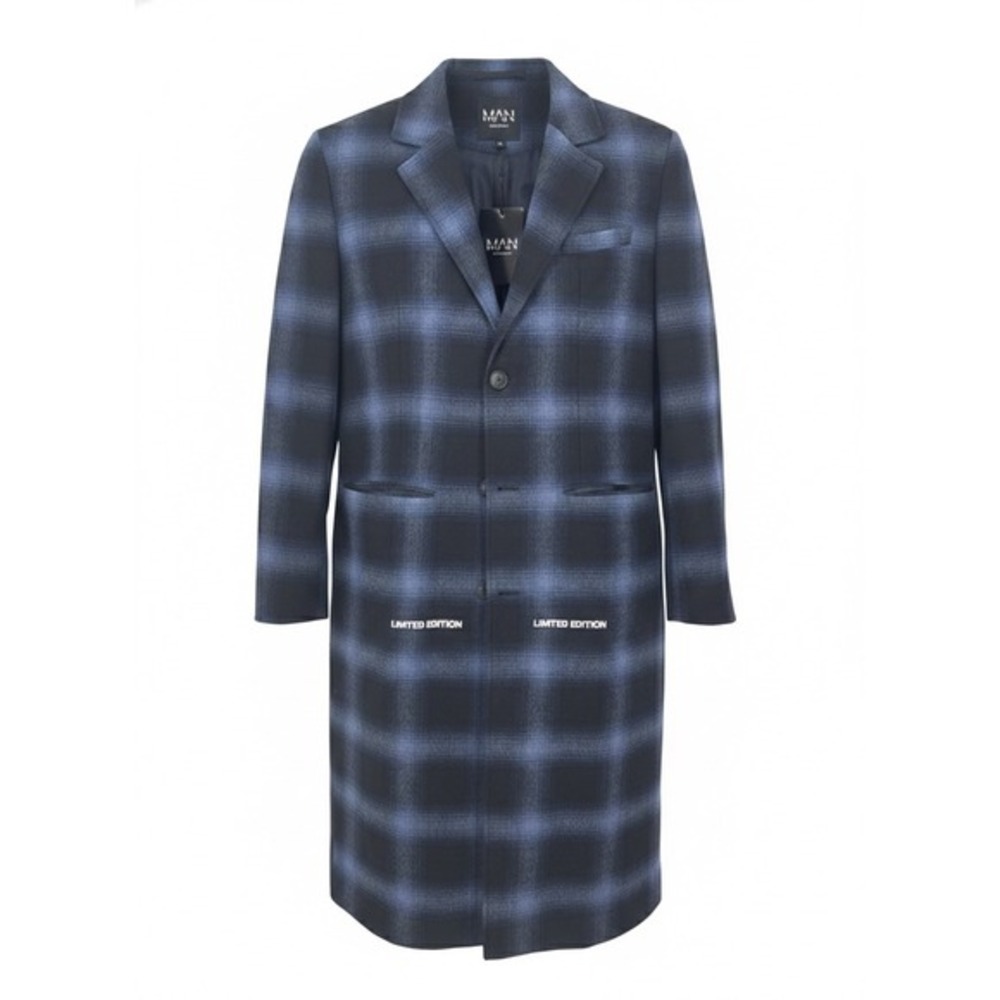 NWT boohooMAN Limited Edition Blue Oversized Brushed Check Overcoat‎ M